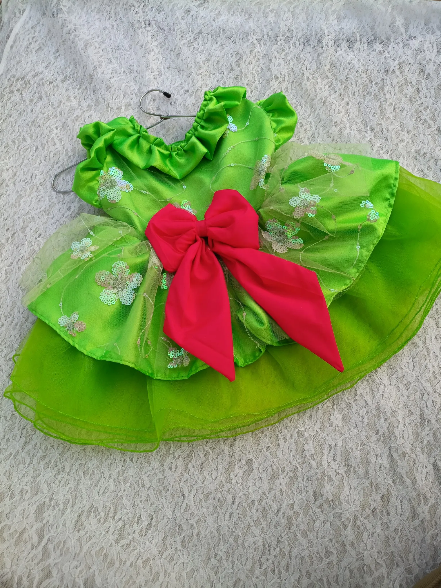 Neon Green Sequin Flower with Pink Bow Dress