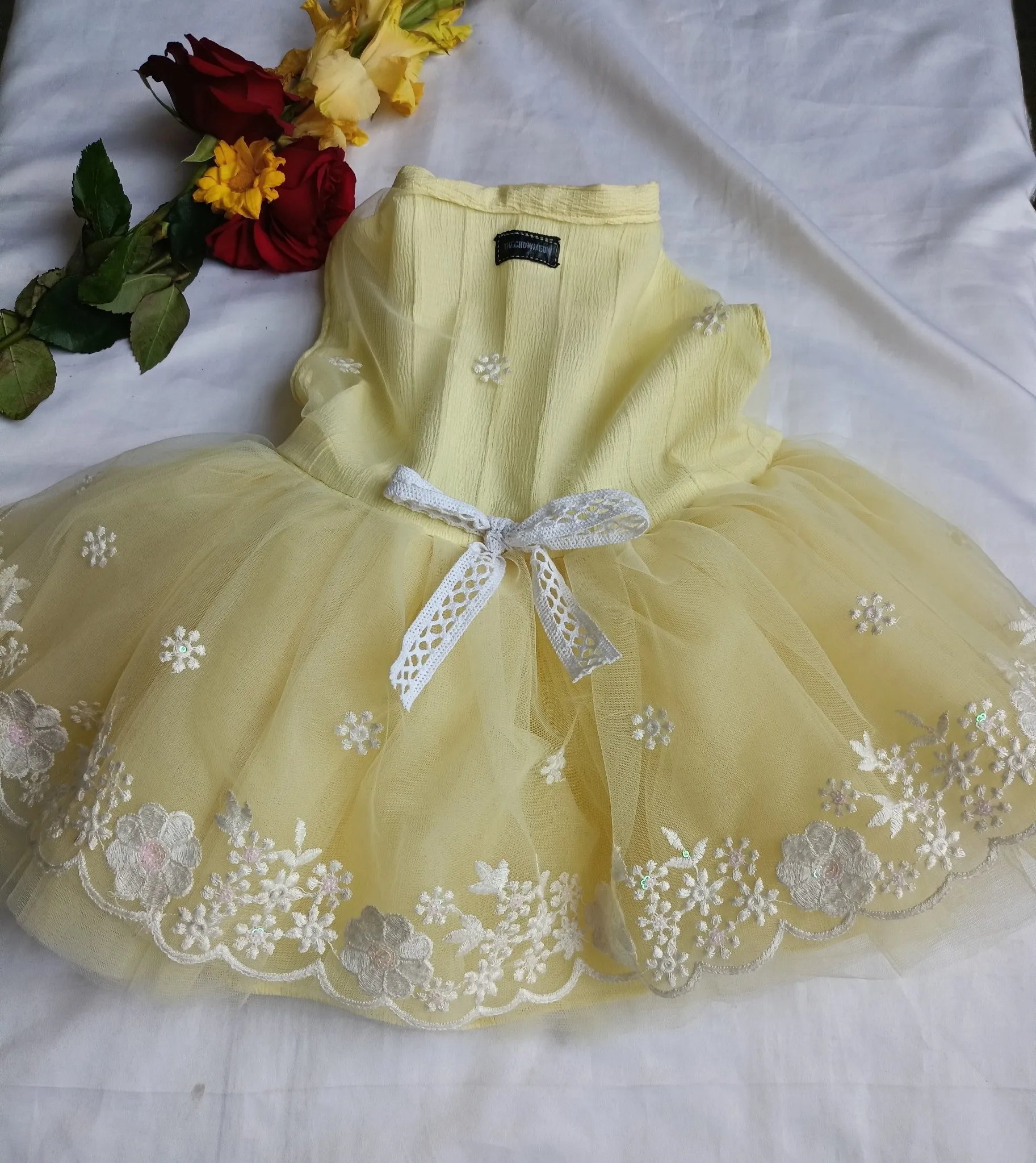 Yellow Bottom white embroidery floral dress