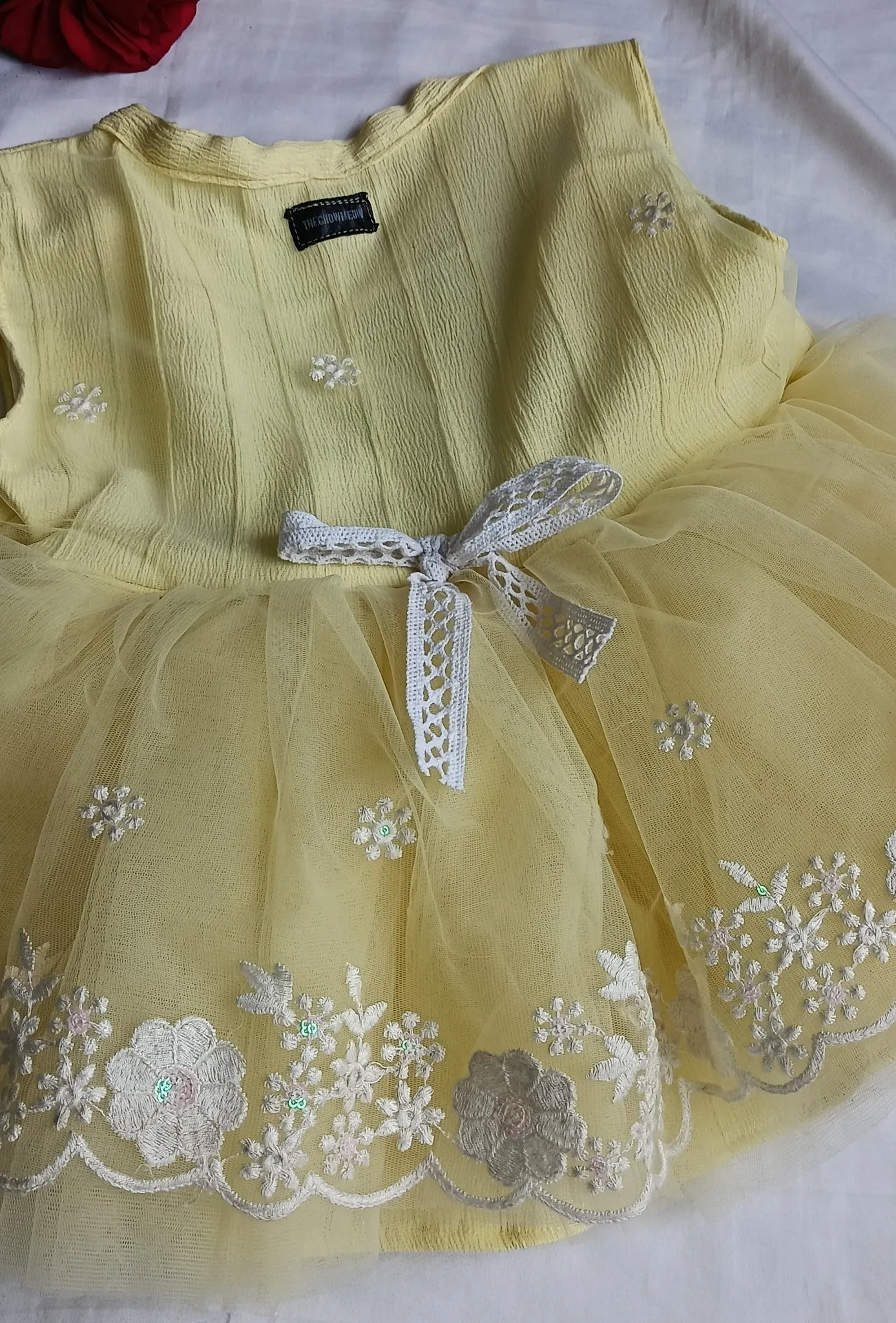 Yellow Bottom white embroidery floral dress