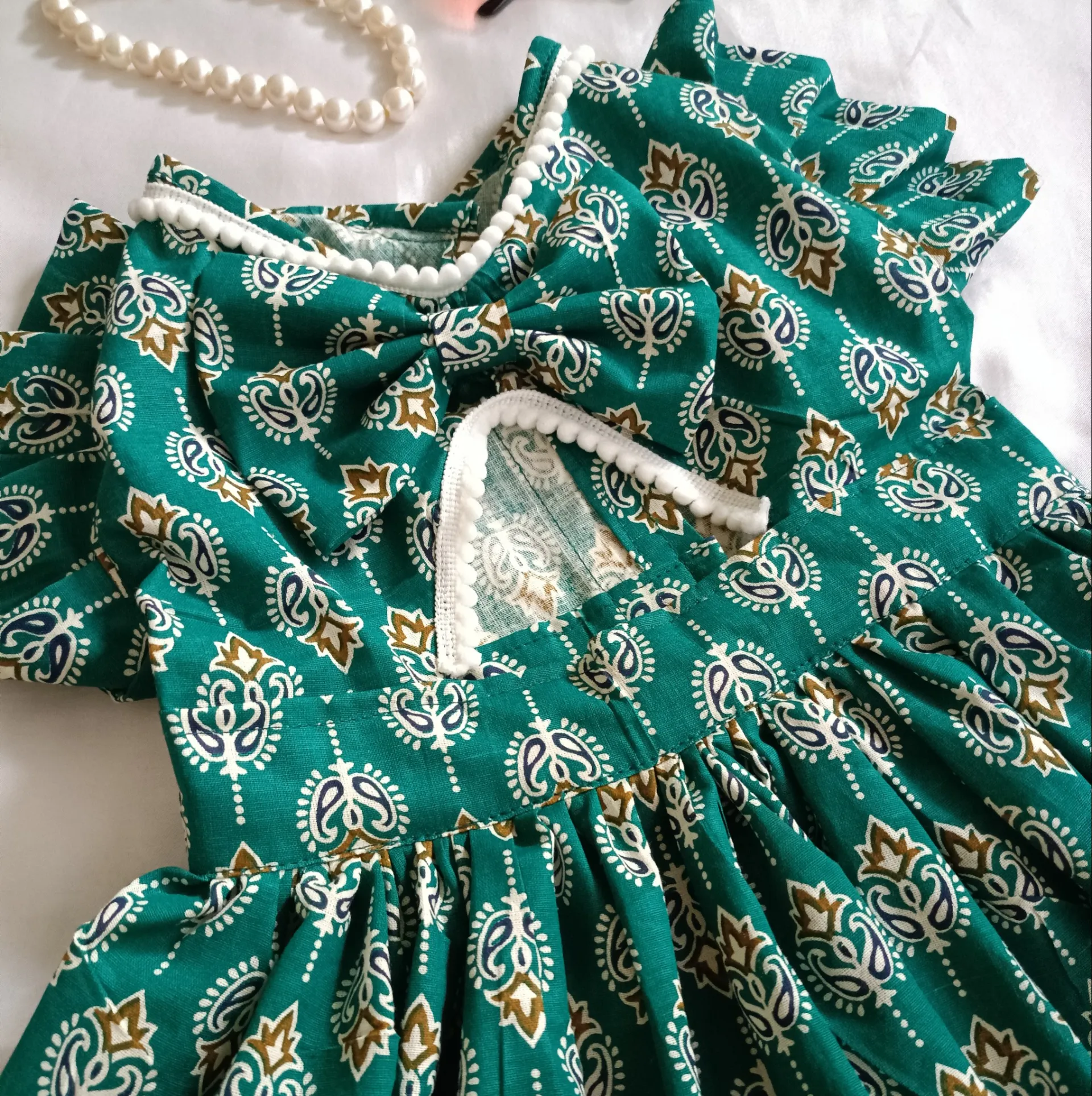 Green back cutout with Bow Ethnic cotton Dress