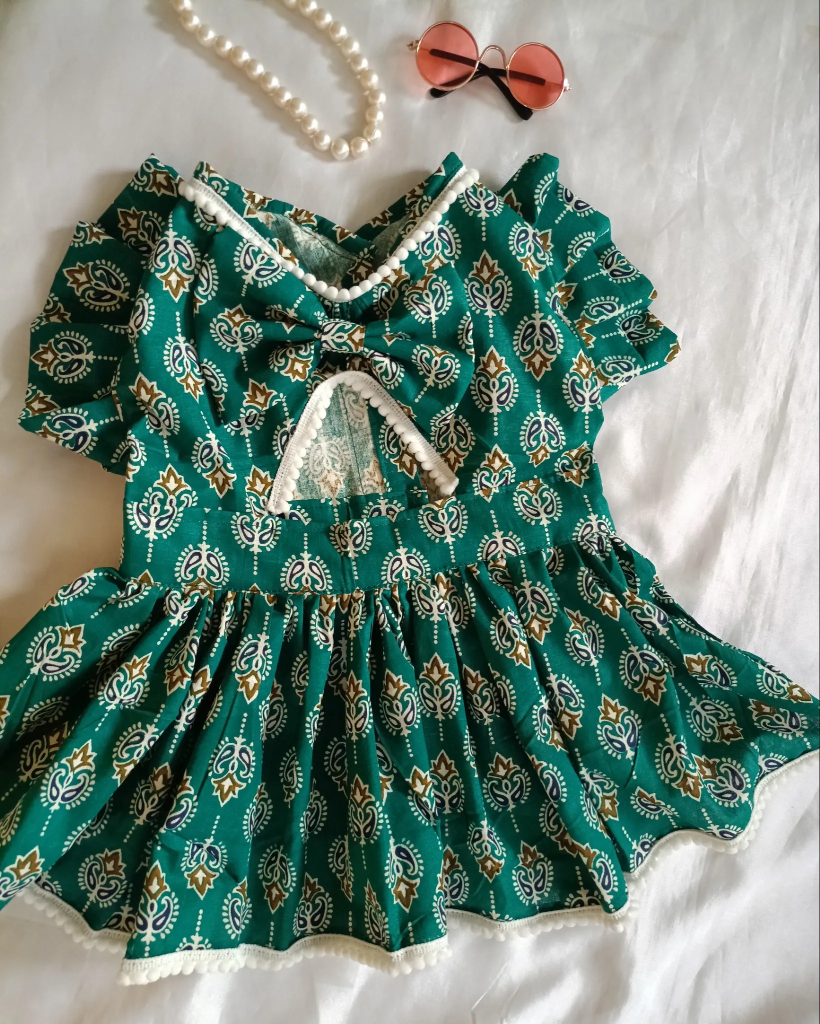 Green back cutout with Bow Ethnic cotton Dress