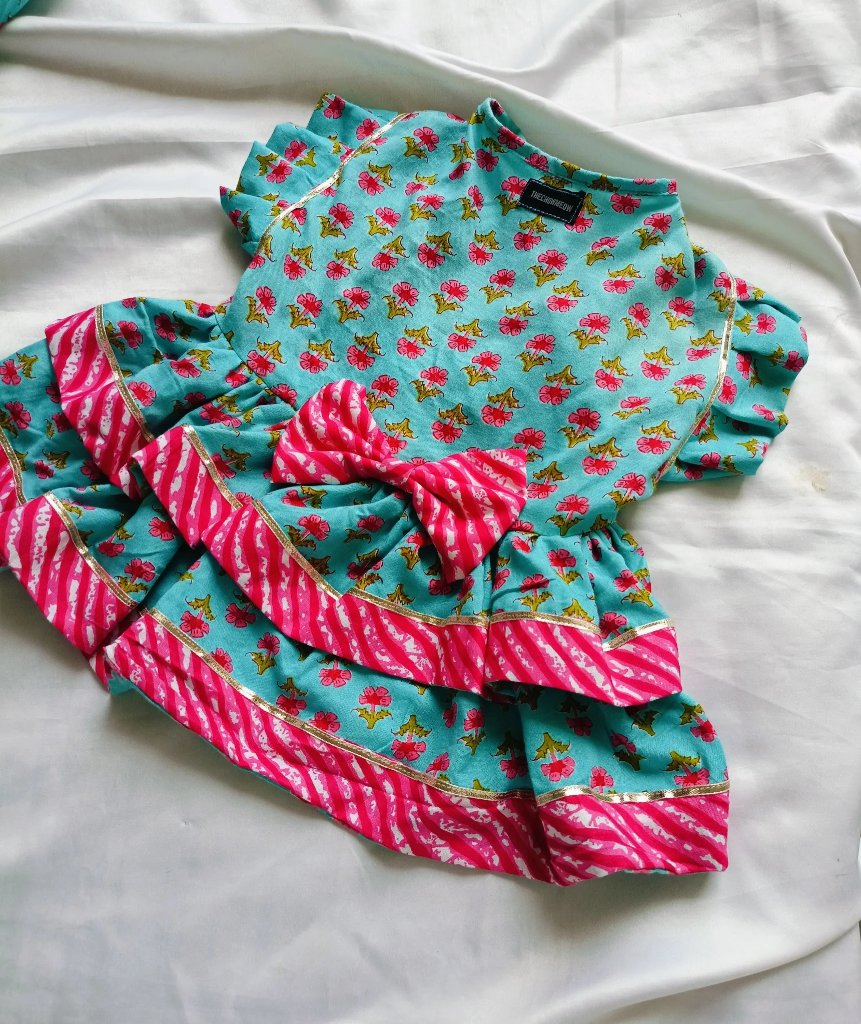 Rama Green with Pink Lehariya Bow Dress