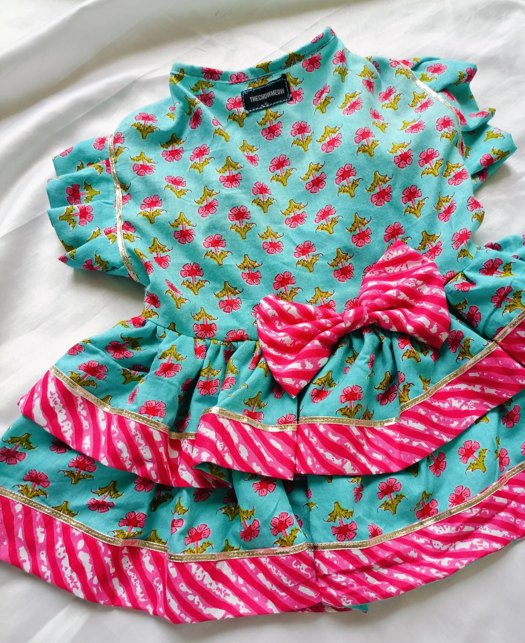 Rama Green with Pink Lehariya Bow Dress