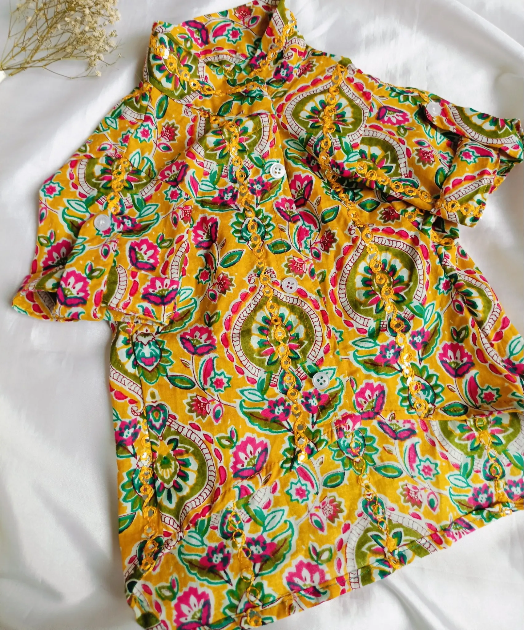 Yellow Floral Ethnic mirror work Kurta