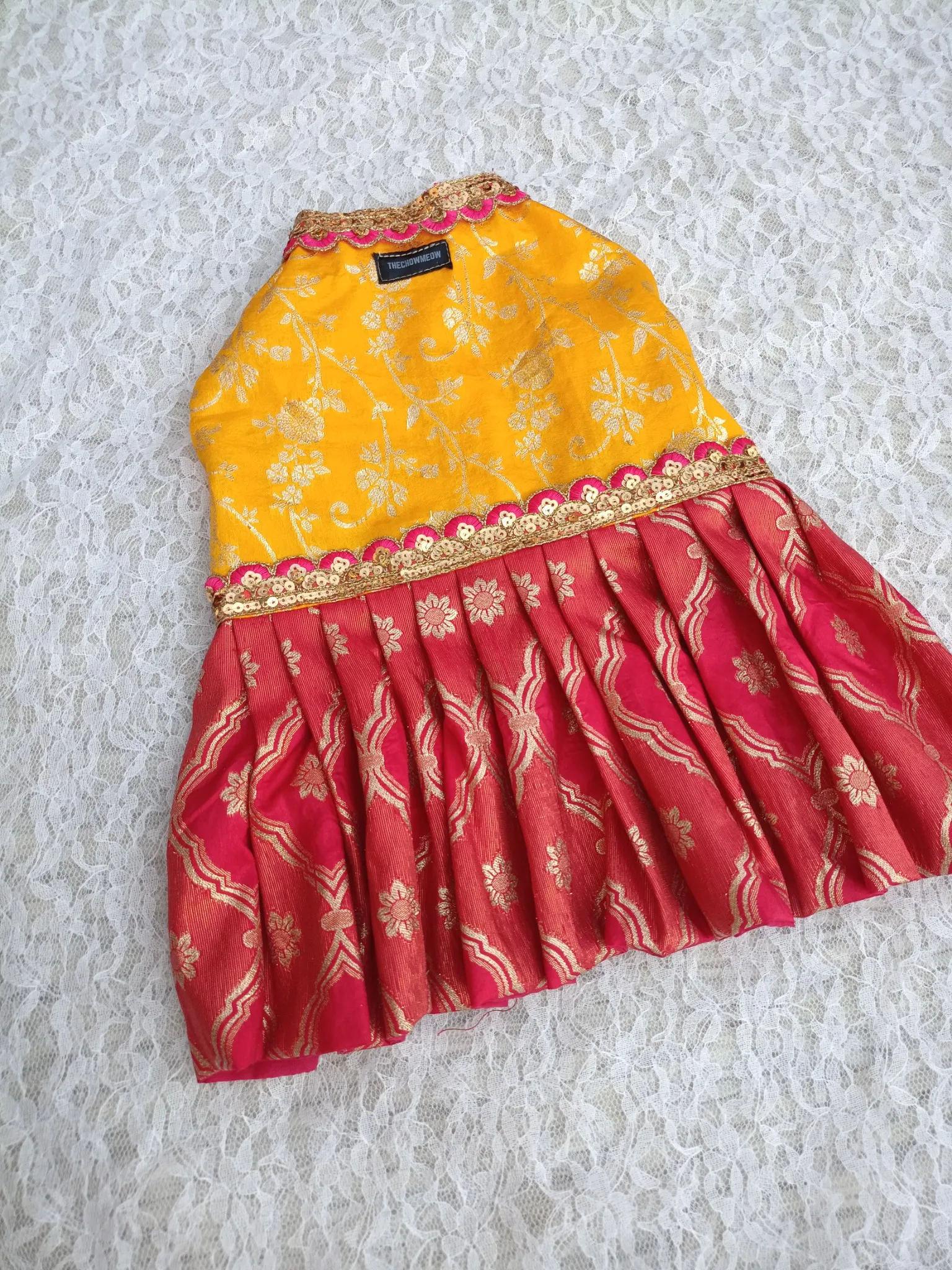 Yellow with Pink Contrast frills Occasion wear Dress