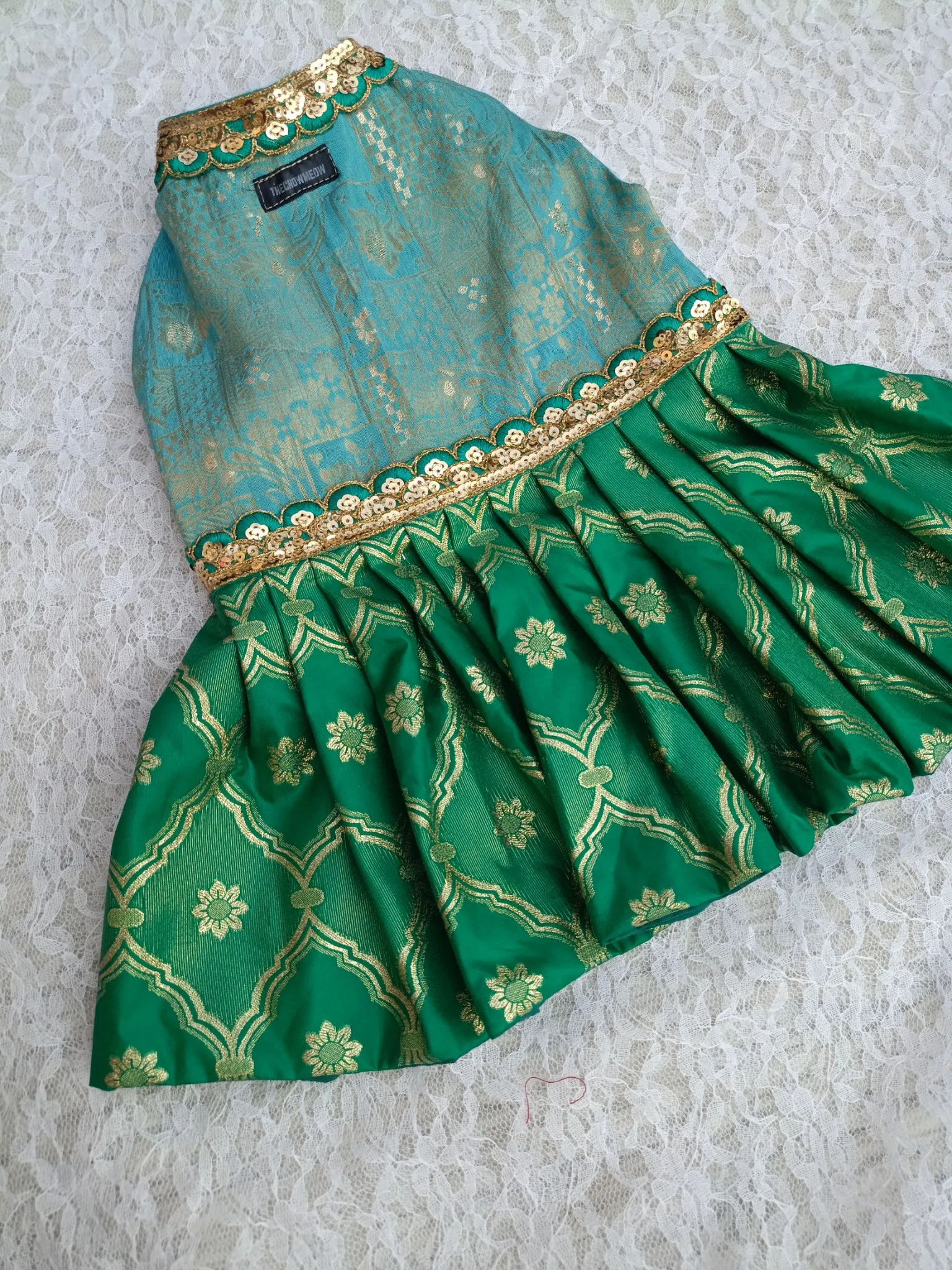 Blue with Green contrast frills Occasion wear Dress