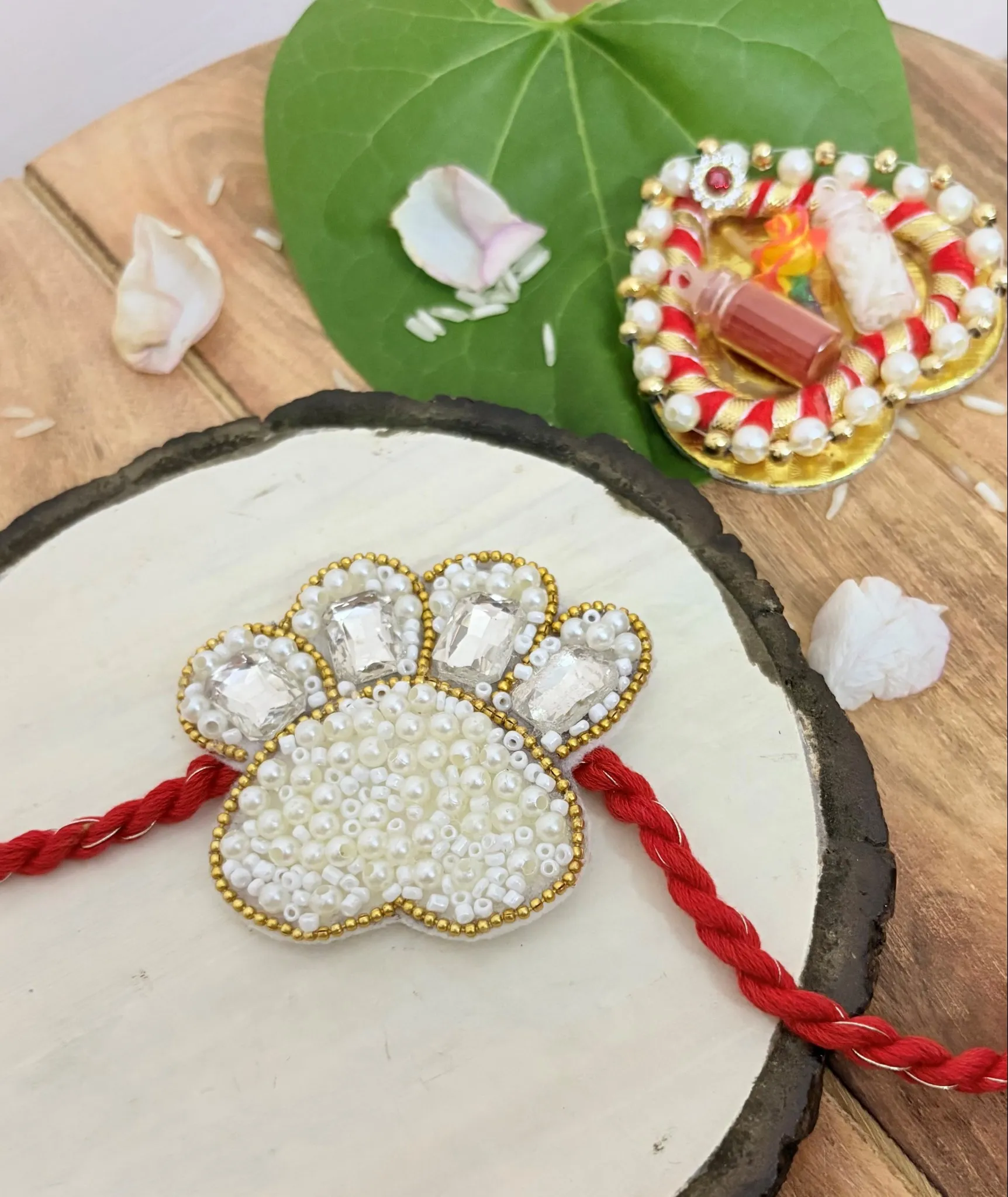 White Pearl & Beads Rakhi for large Pets