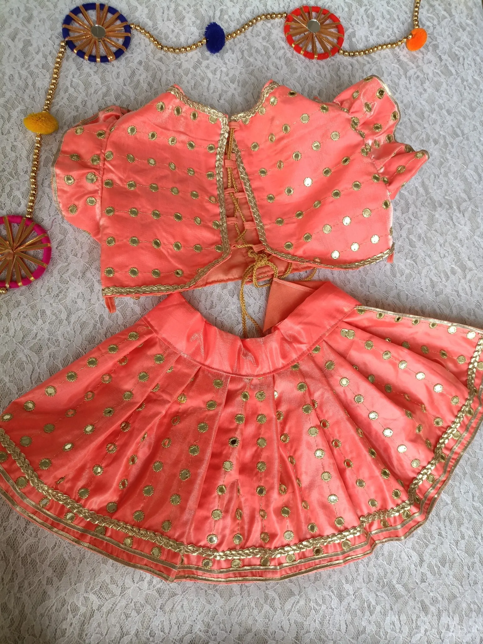 Peach mirror work Lehenga Choli