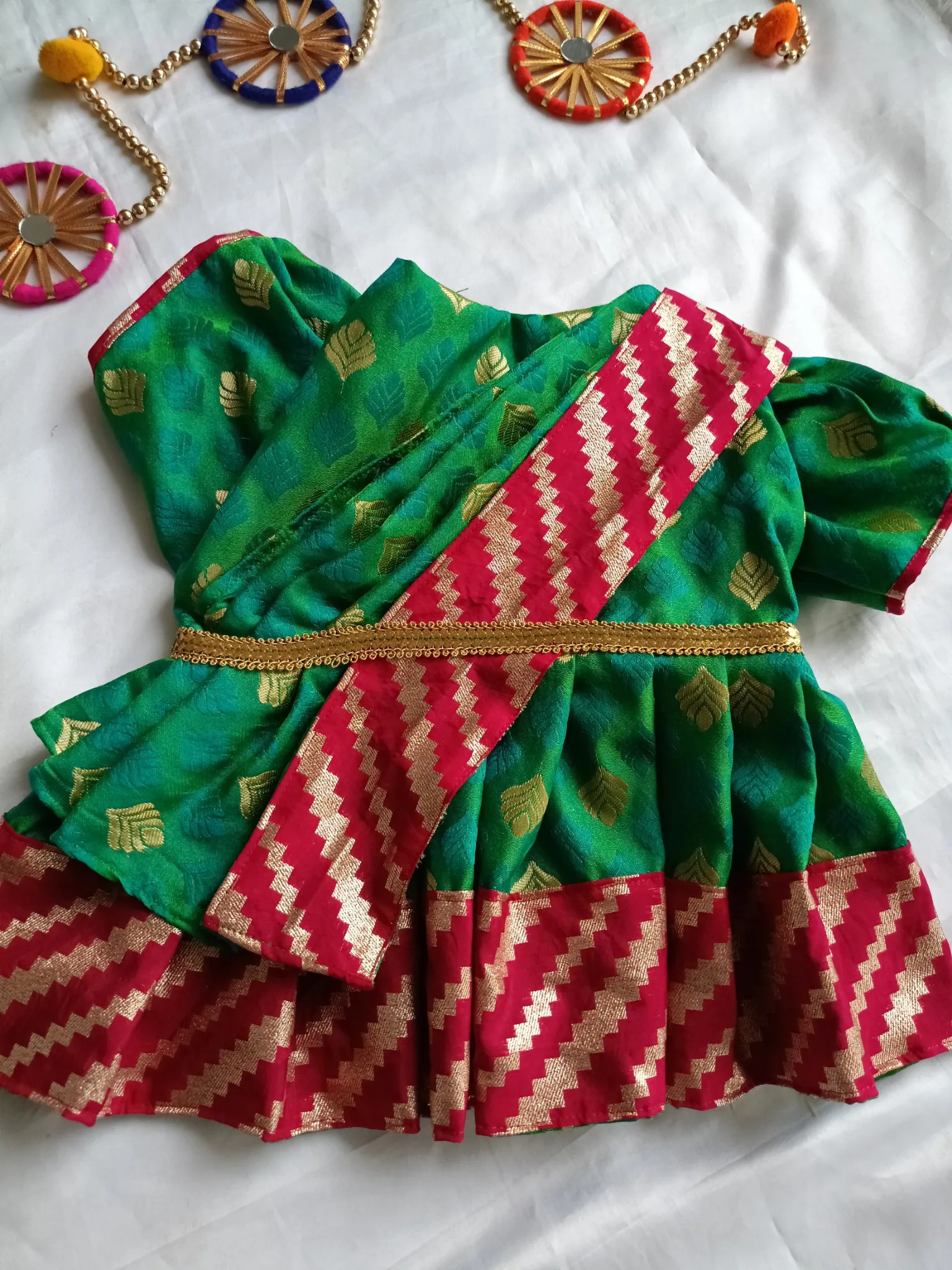 Green with Pink Border Banarsi Saree