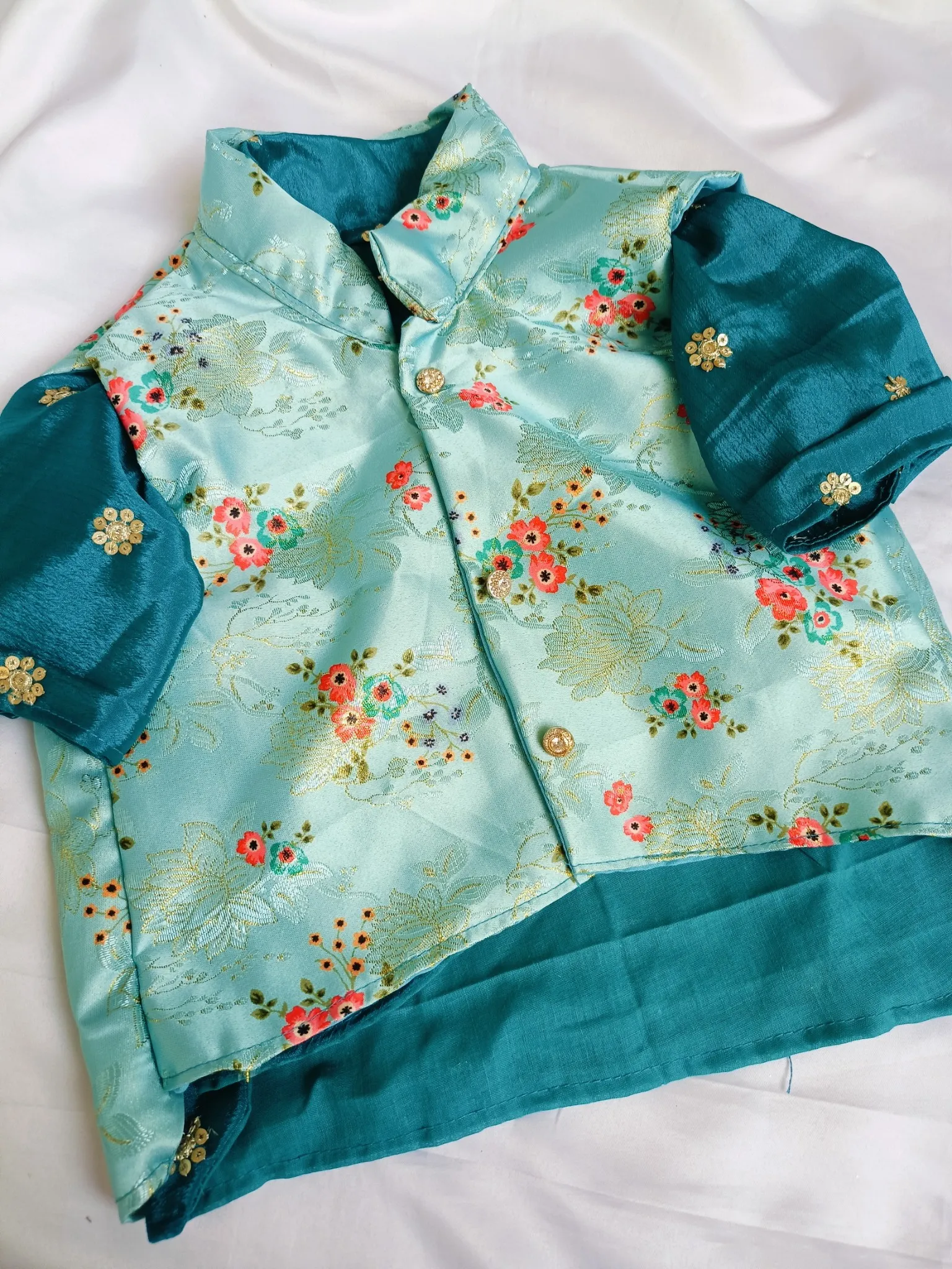 Turquoise Blue Kurta with Floral Satin Jacket