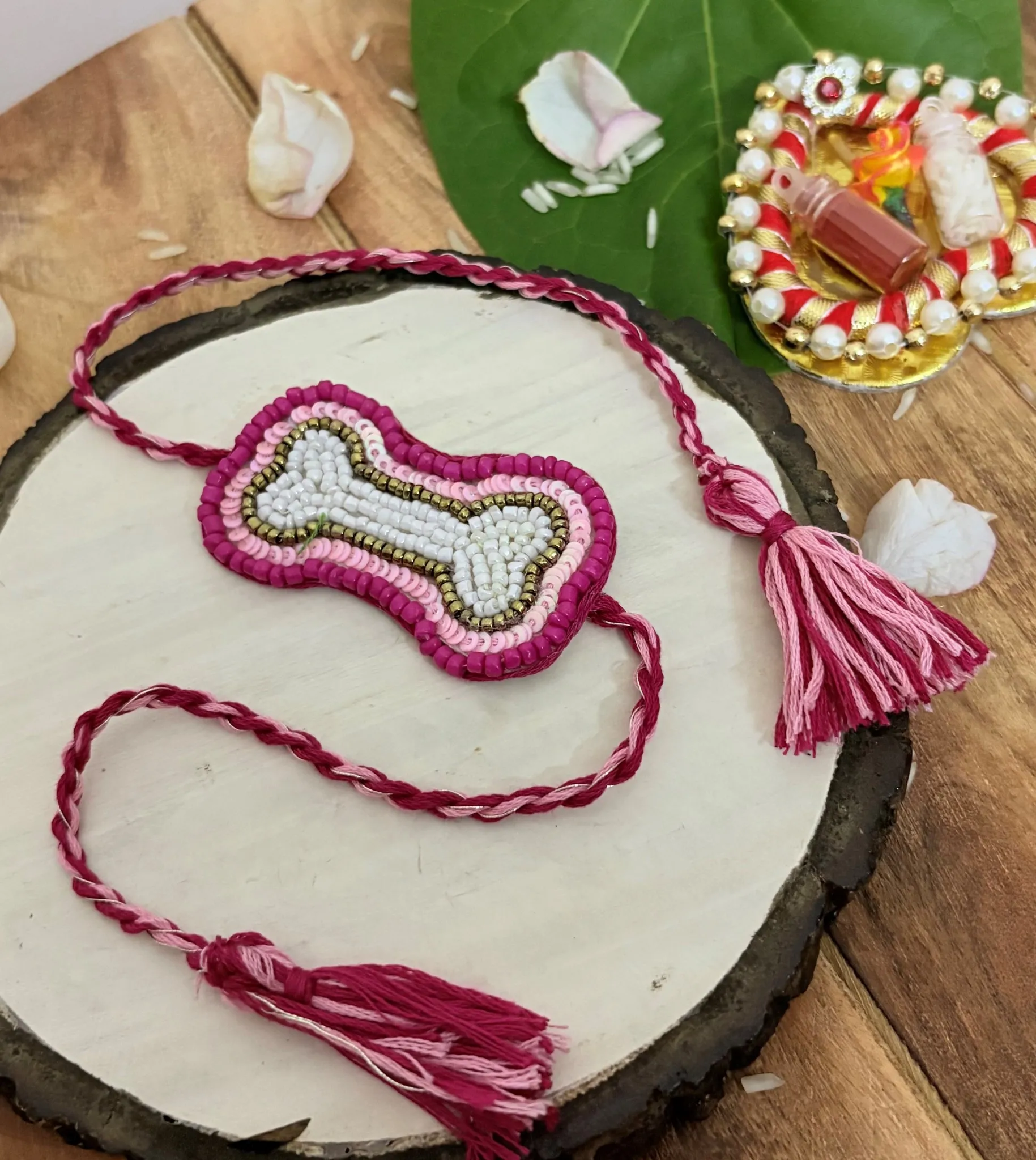 Pink Beads Bone Rakhi for Pets