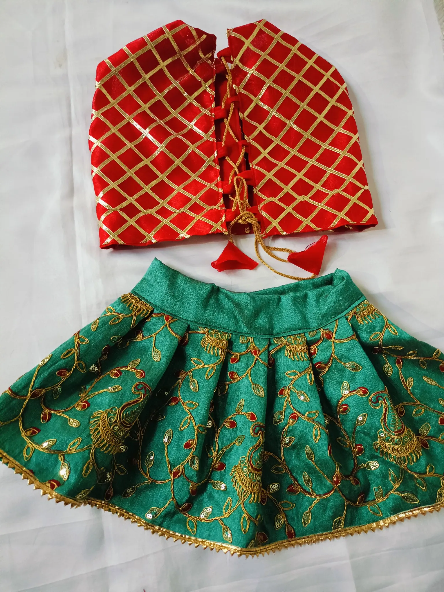 Red & Green Zari work Banarsi Silk Lehenga Choli
