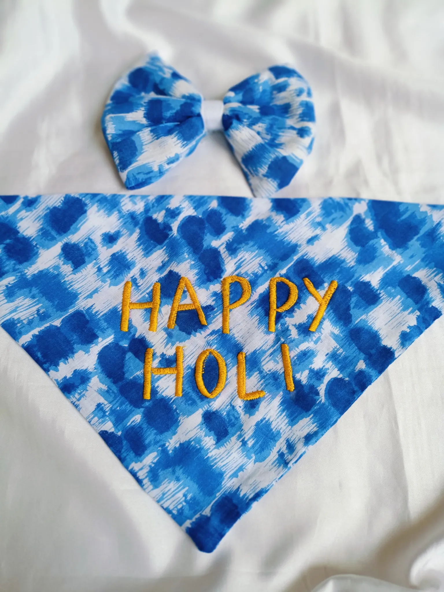 Blue Tie Dye embroidery Holi Bandana with a bow combo