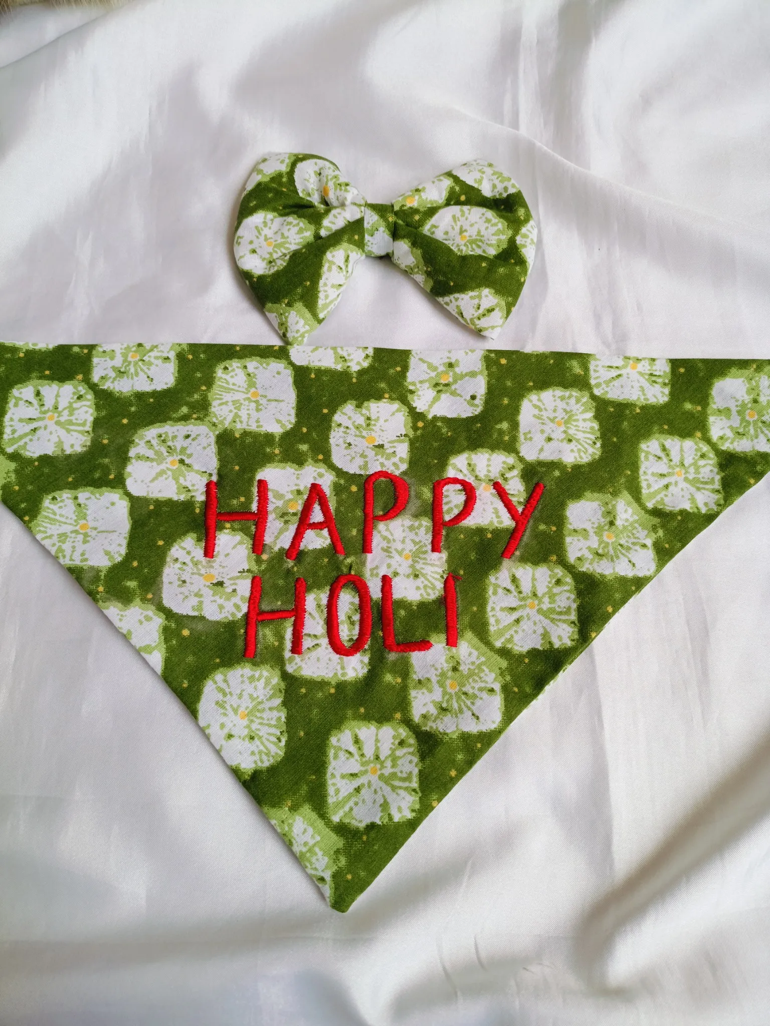 Dark Green Tie Dye embroidery Holi Bandana with bow