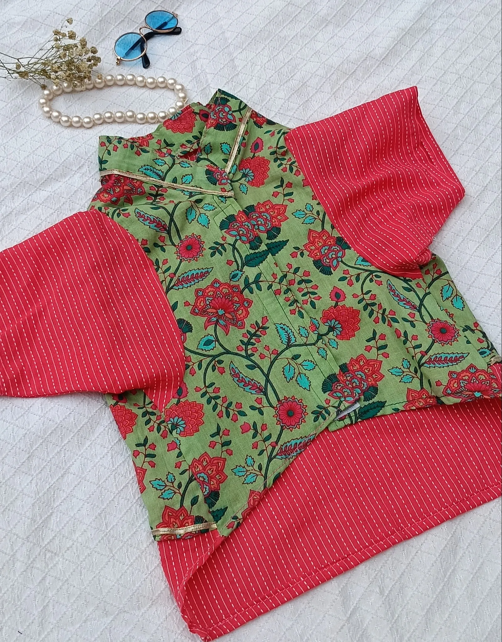 Coral Pink Bela Buti Kantha Ethnic Kurta