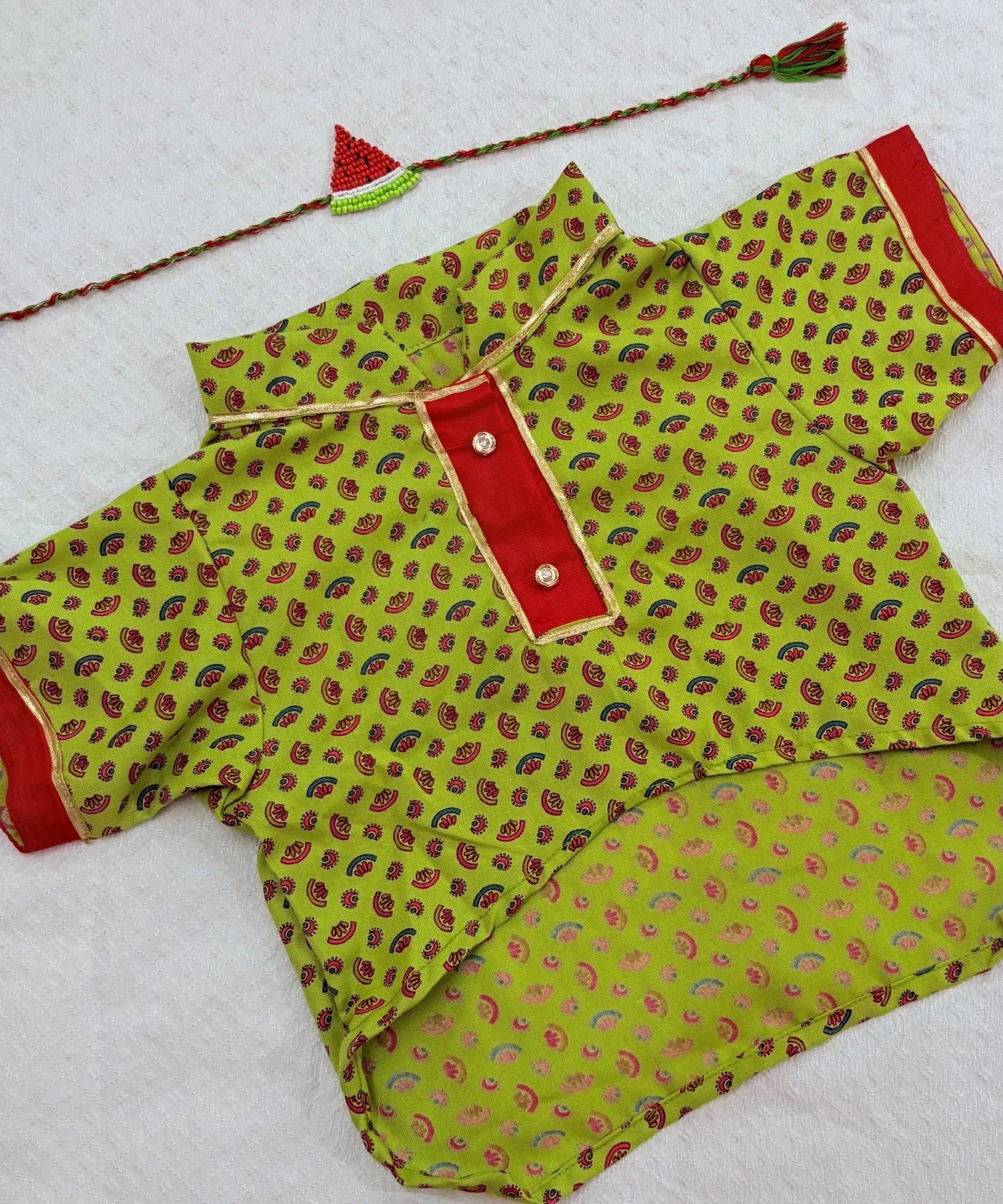 COMBO-1: Green Mini Paisley Buti print Ethnic Kurta with Watermelon Beads Rakhi for pets