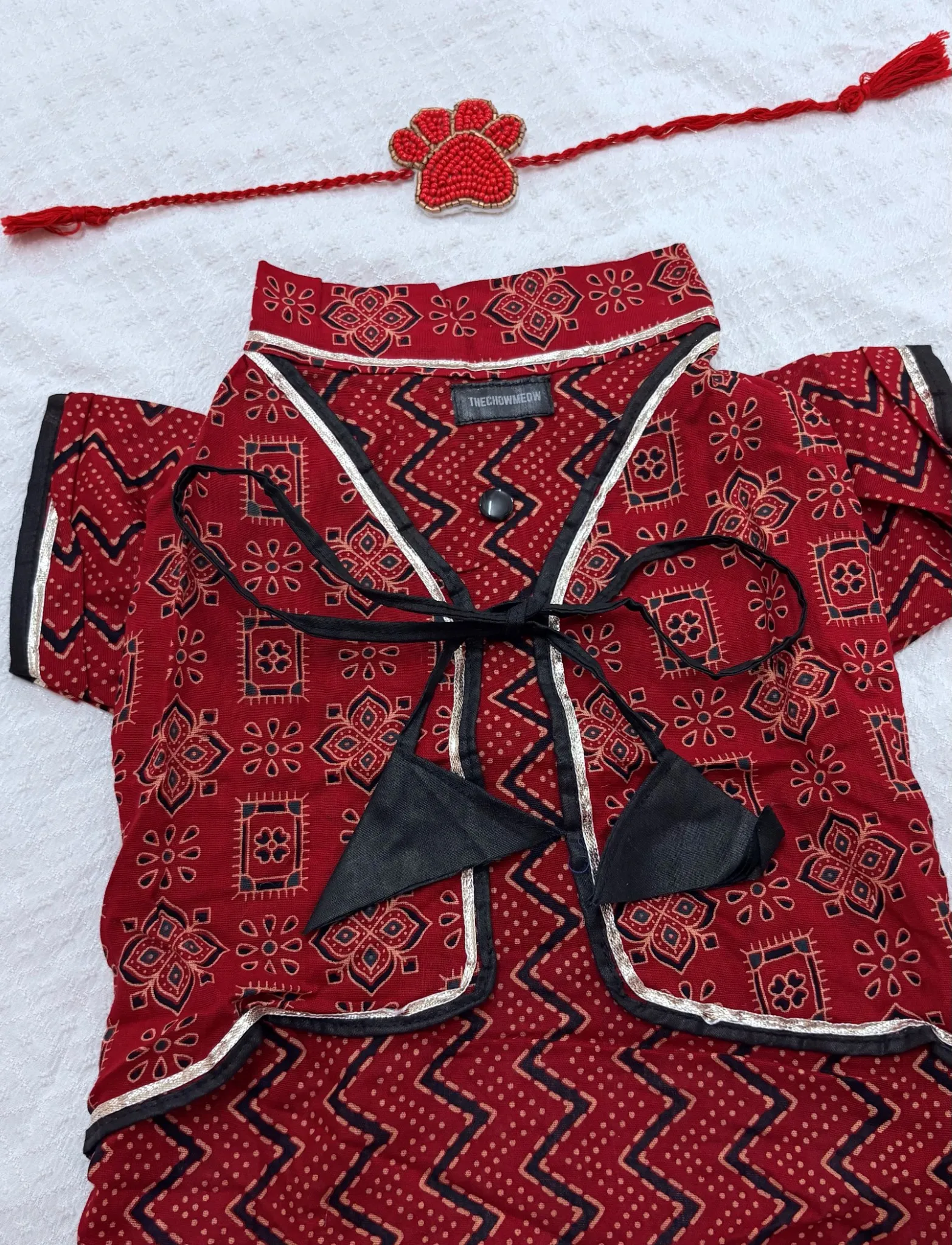 COMBO-2 : Red Ajrakh print Ethnic Gotta Kurta with Red Beads Paw Rakhi for Pets