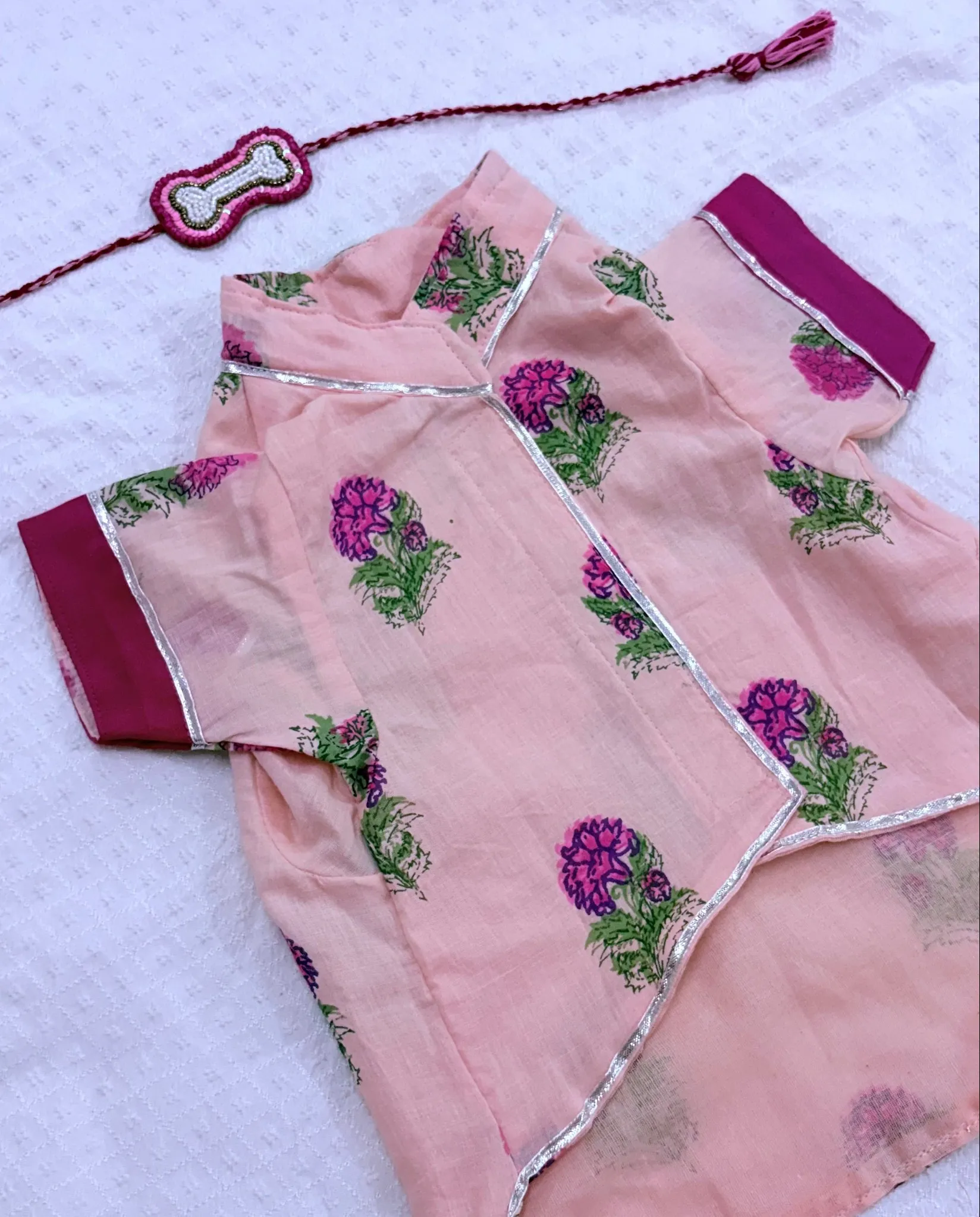 COMBO-3: Peach Phulkari Ethnic Kurta WITH Pink Beads Bone Rakhi for Pets