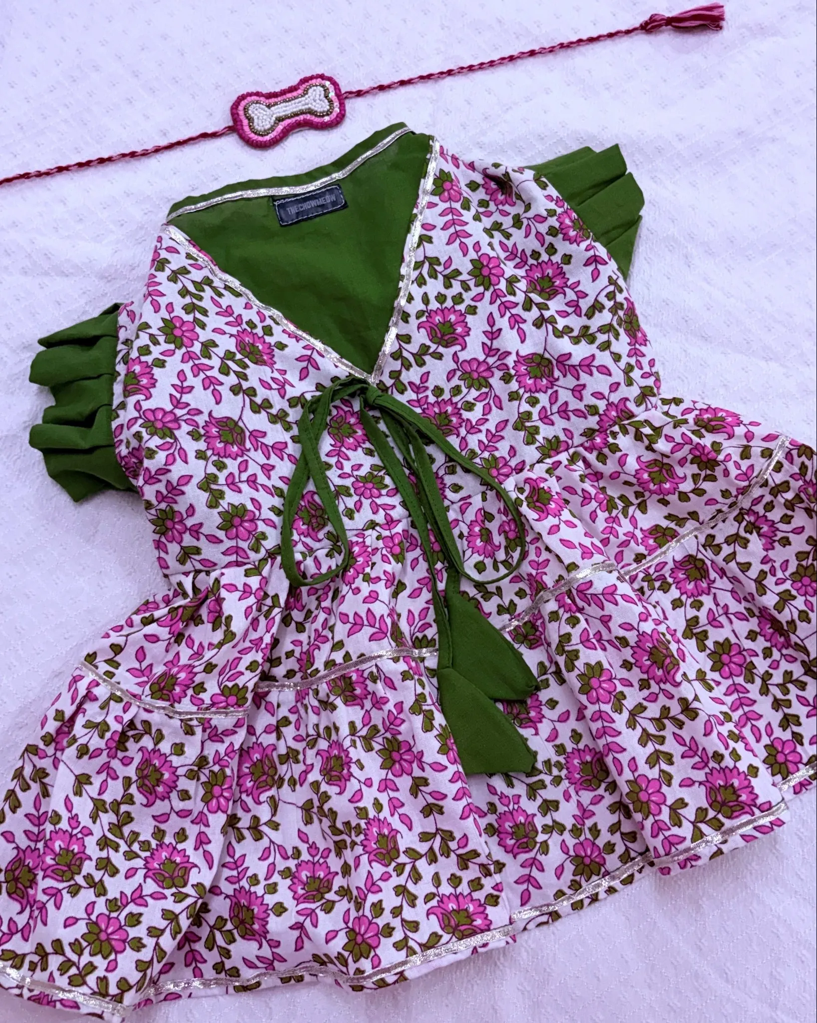 COMBO-4: Pink Flower Garden Anarkali Gotta Dress WITH Pink Beads Bone Rakhi for Pets