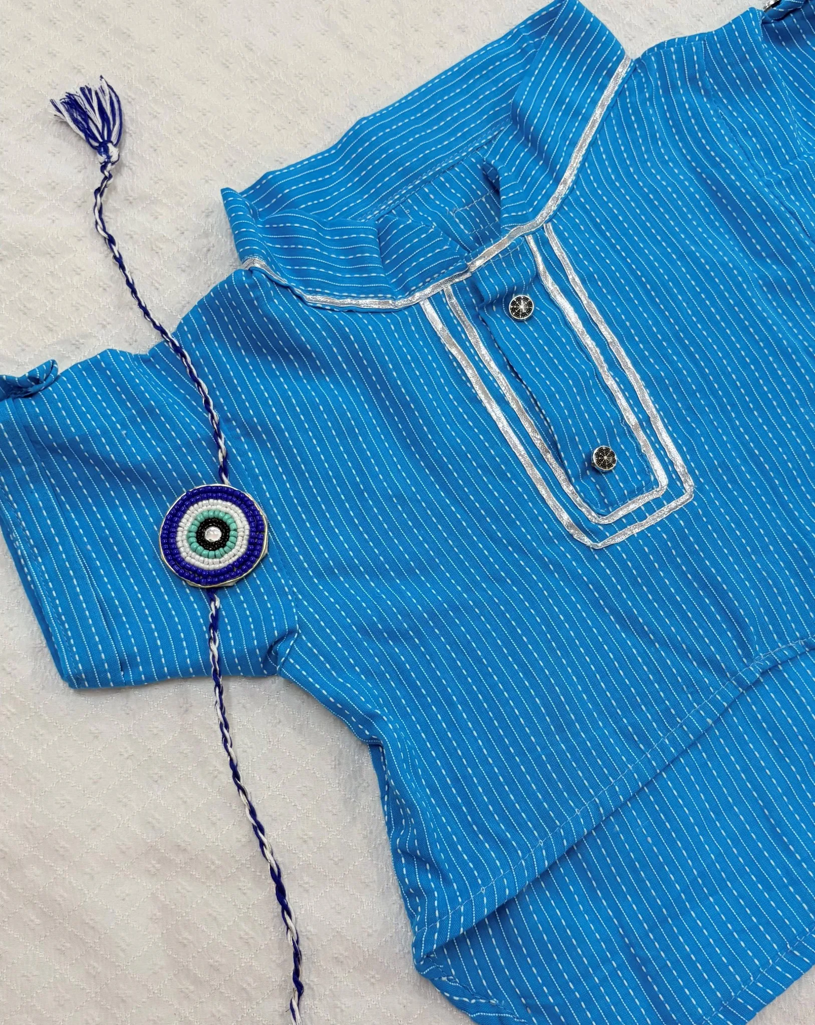 COMBO-5: Peacock Blue Kantha print Ethnic Kurta With Evil Eye Beads Rakhi for Pets