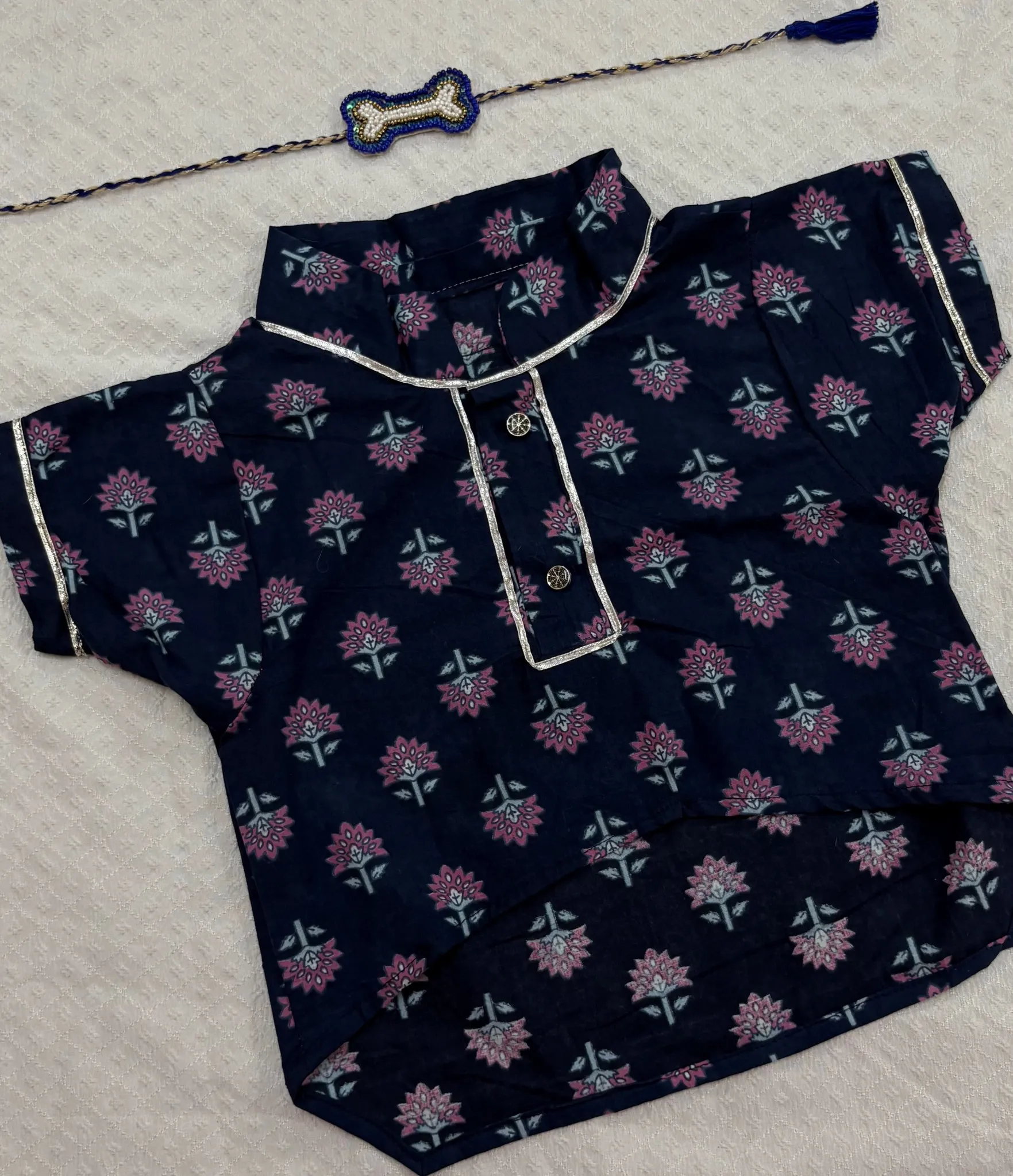 COMBO-6: Indigo Blue Flower Paradise Ethnic Kurta With Blue Beads Bone Rakhi for Pets