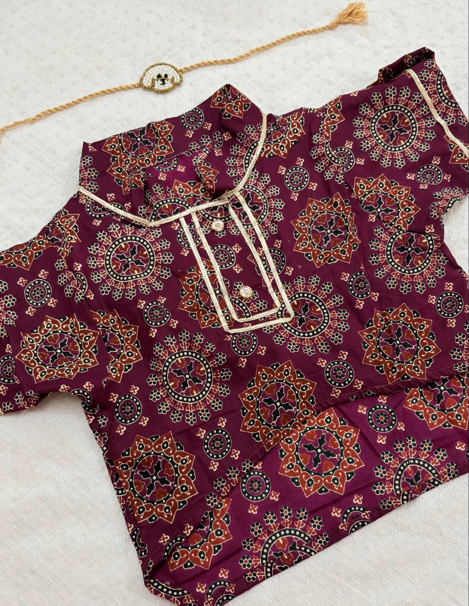 COMBO-7: Purple Ajrakh Buti print Ethnic Kurta With Puppy Face Beaded Rakhi for pets