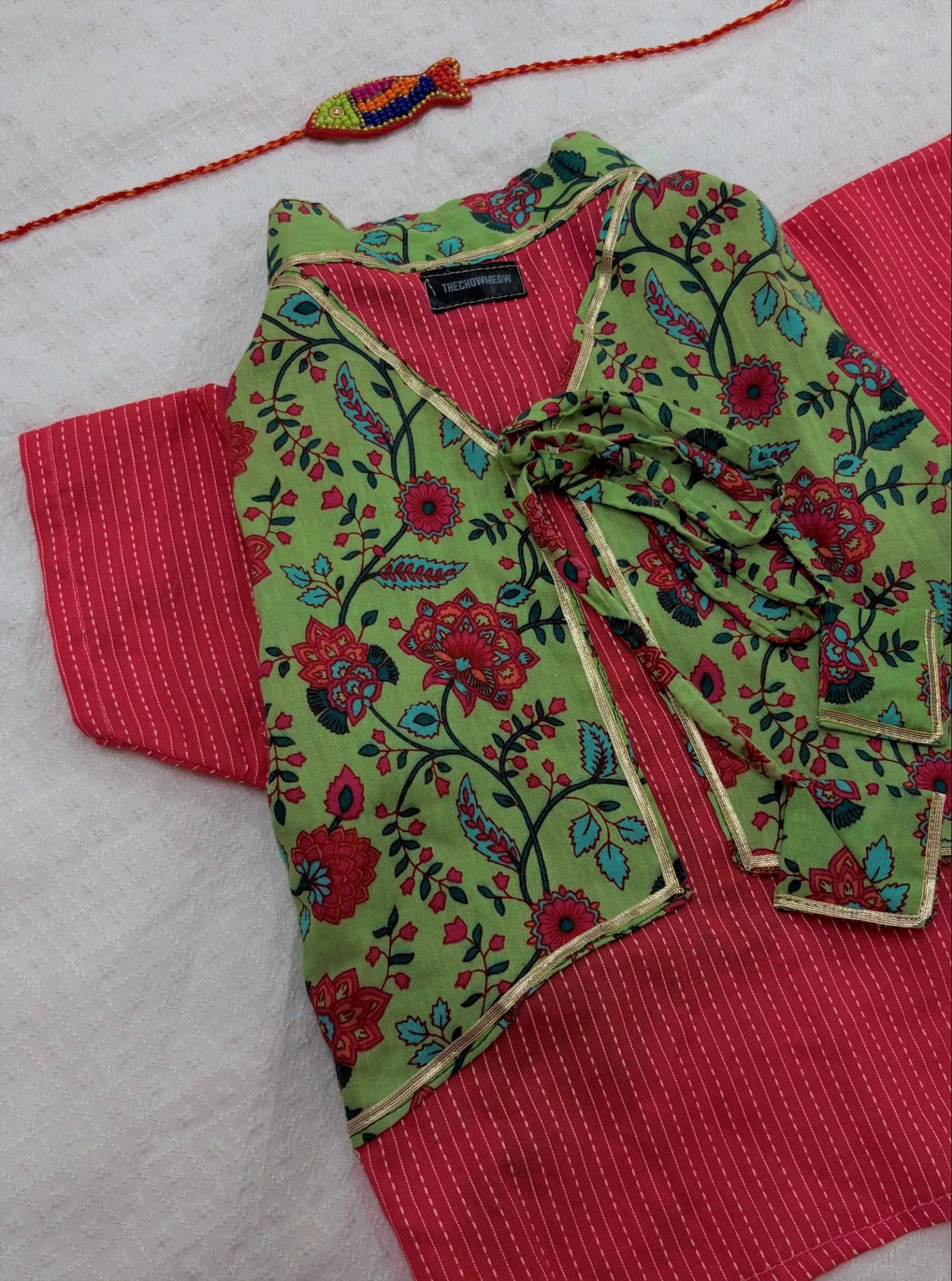 COMBO-8: Coral Pink Bela Buti Kantha Ethnic Kurta With Fish Beaded Rakhi for pets