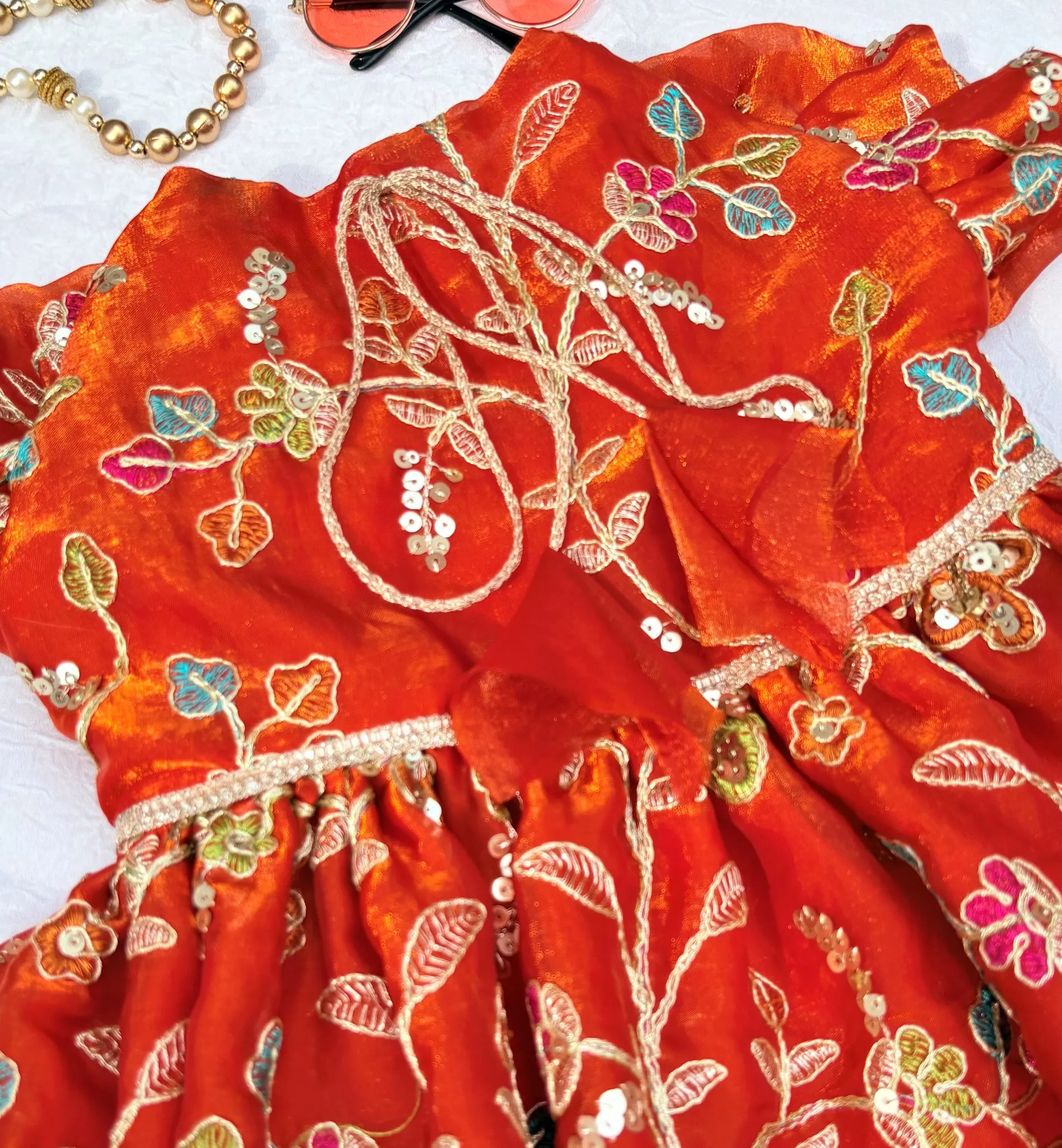 Orange Fendi Silk Floral work Traditional Dress