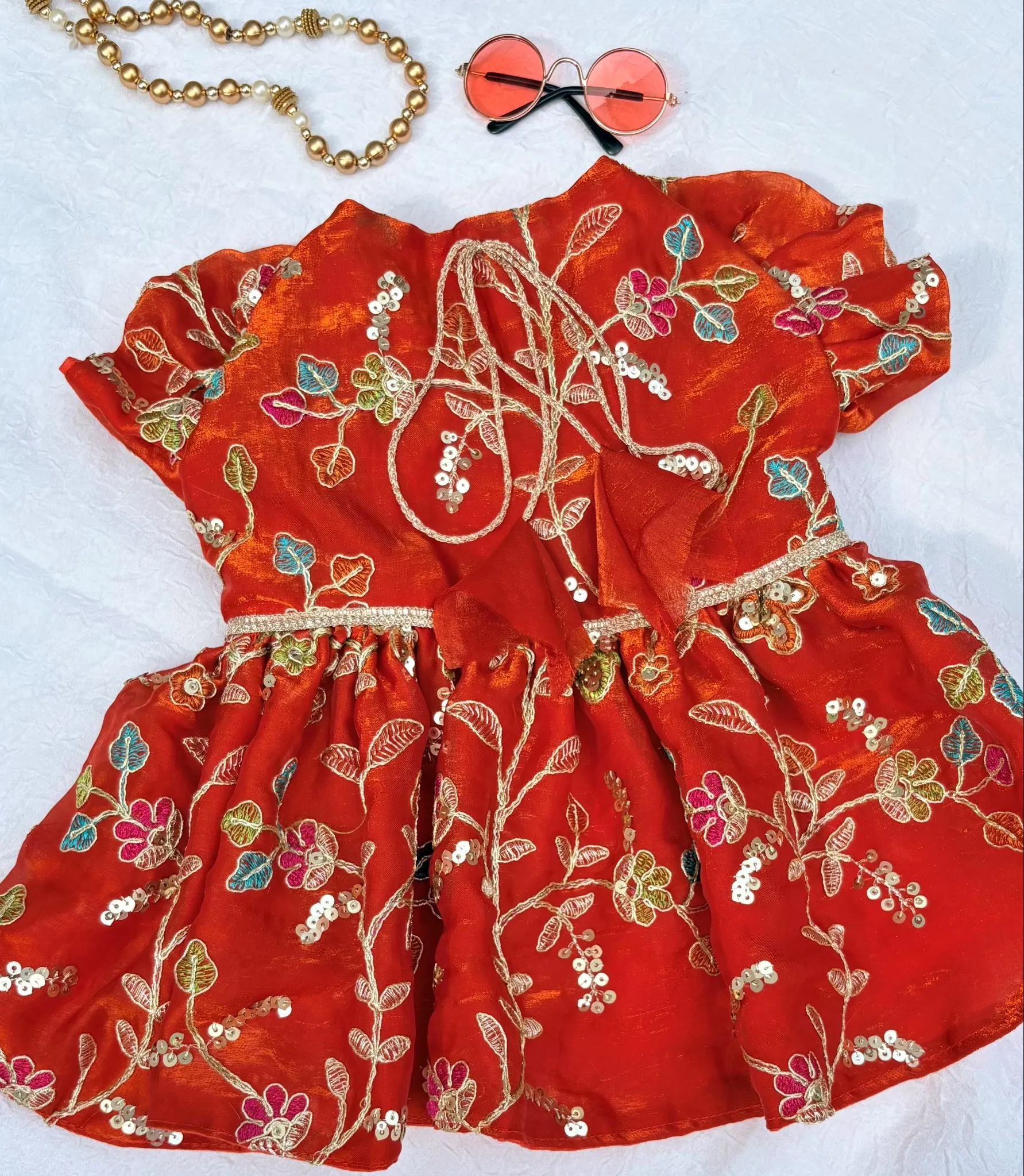 Orange Fendi Silk Floral work Traditional Dress