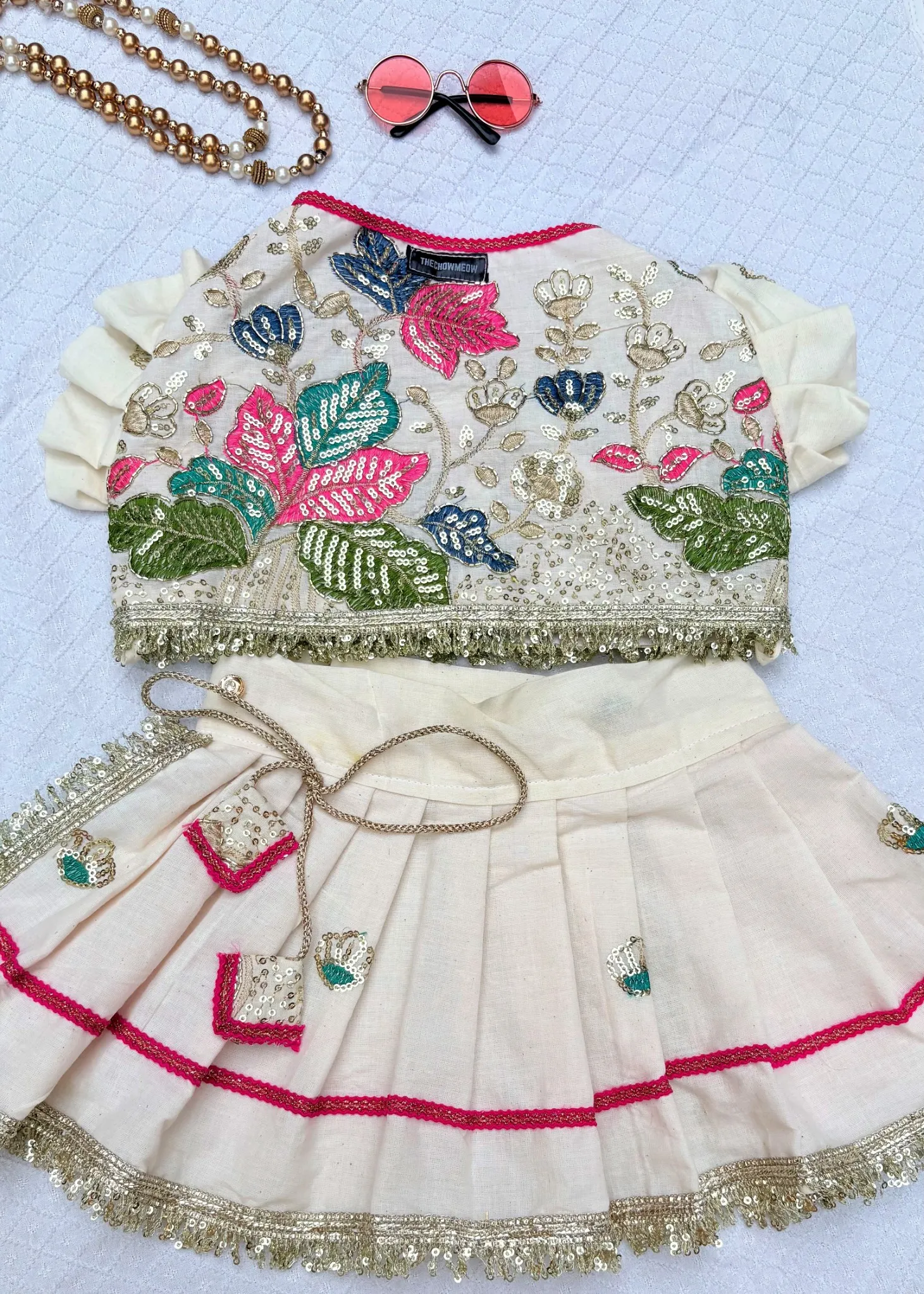 Off-White Floral sequin Embroidery work Lehenga Choli for pets