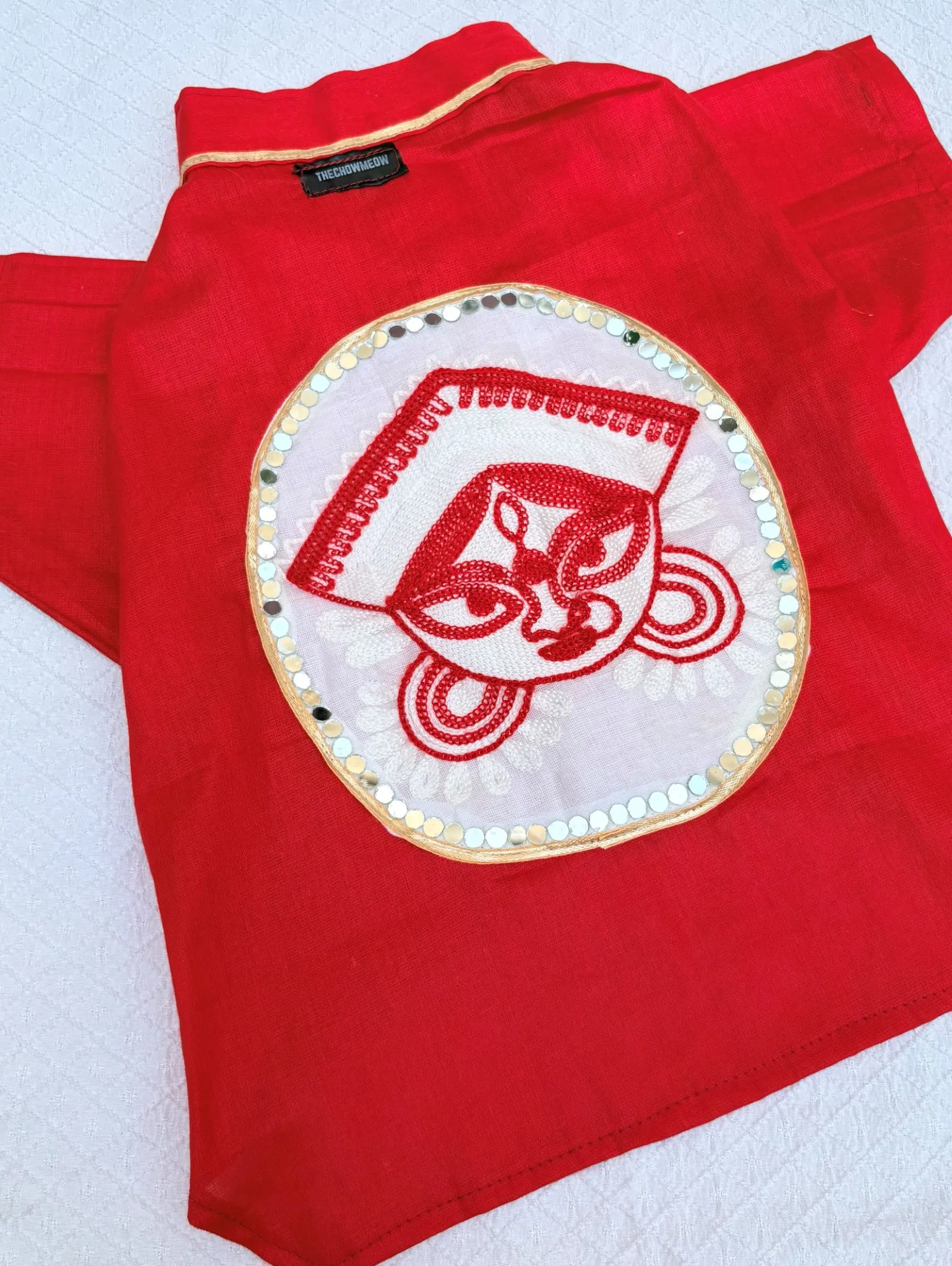Thechowmeow Bengali Style Kurta | Navratri kurta | Cat Designer Clothes | Dog Designer Clothes – Off-white & Red Color (No. 1 Best Seller in Navratri Collection)